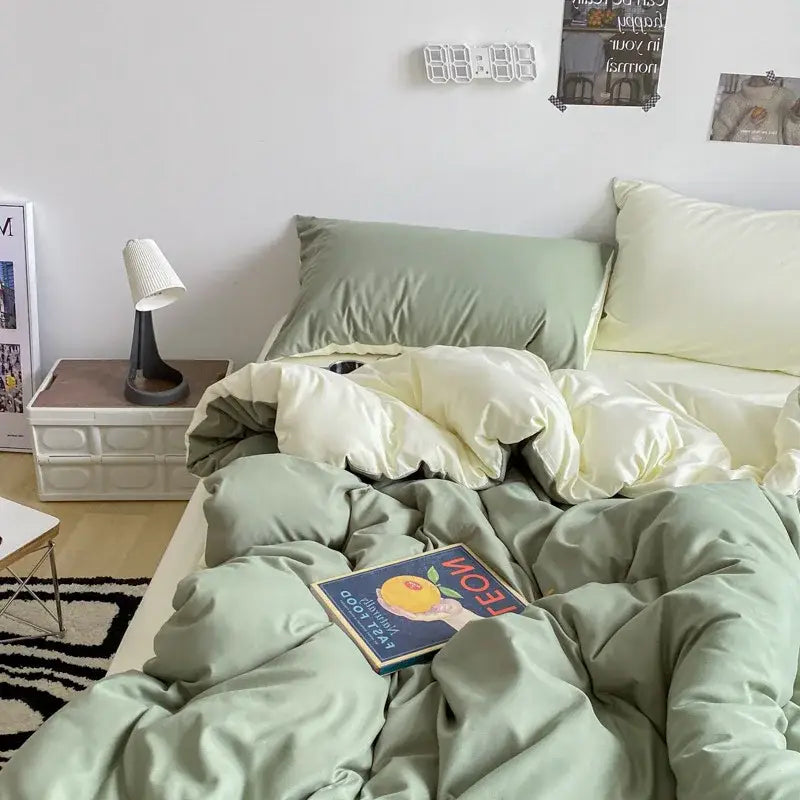 A cozy bedroom featuring a gray satin cotton quilted duvet cover set with sage green pillows and a creamy white comforter