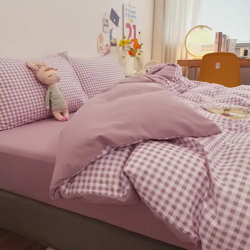 Gray satin cotton quilted duvet cover bedroom bedding set with pink and white gingham patterned bedding and lavender duvet cover