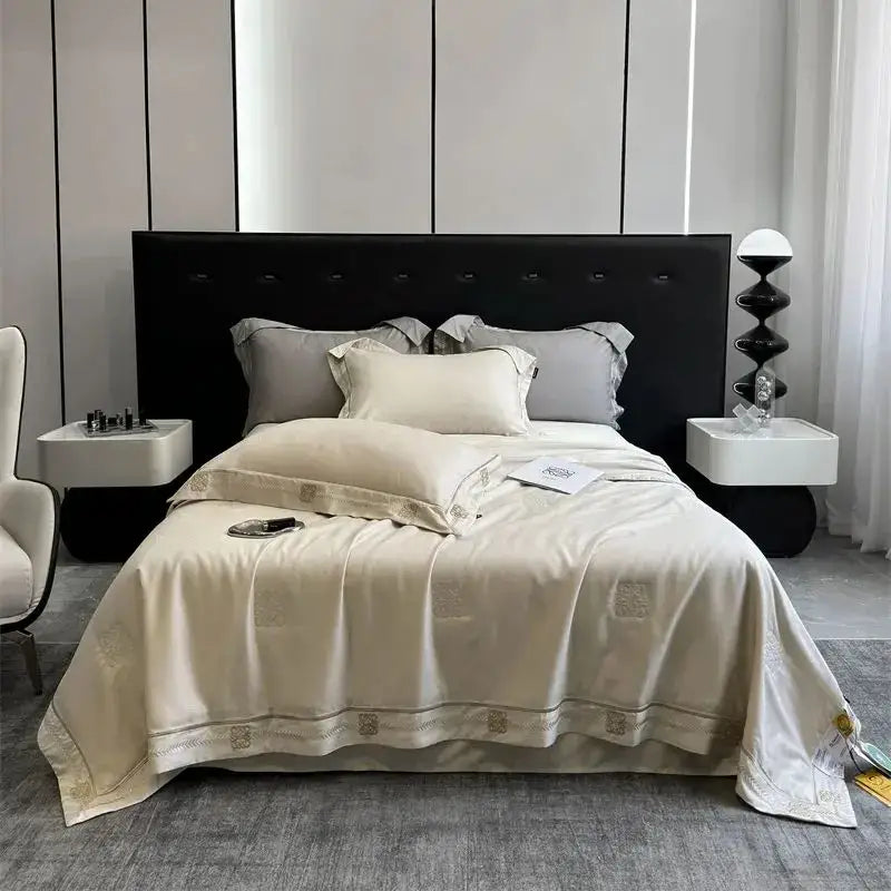 Cream-colored satin summer quilt bedding set with gold trim and decorbites eucalyptus fiber for elegant bedroom decor
