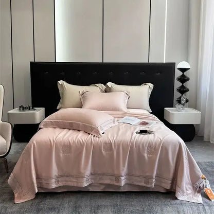 Pink satin bedding set with subtle embroidery and matching pillow sham for decorbites eucalyptus fiber summer quilt