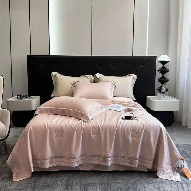 Pink satin bedding set with subtle embroidery and matching pillow sham for decorbites eucalyptus fiber summer quilt