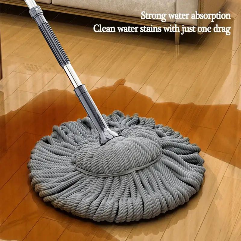 Gray silver easy spin mop with microfiber rope-textured head and metallic handle for kitchen floors and stain removal