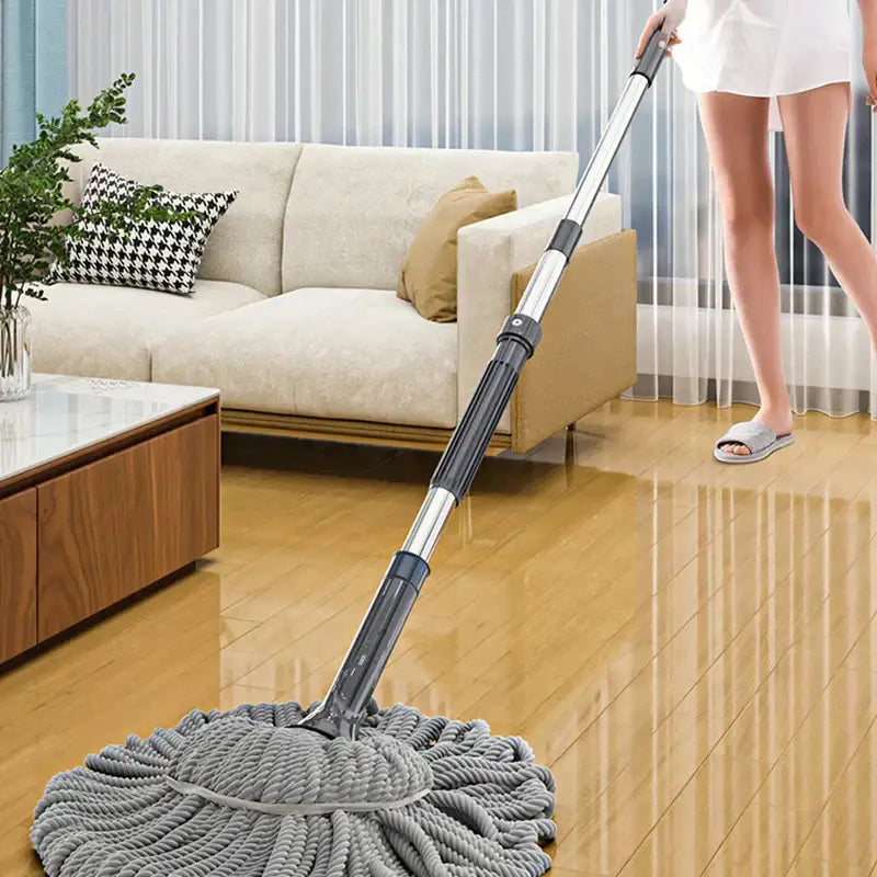 Gray silver easy spin mop with rope-like microfiber head and telescoping handle for efficient kitchen floor cleaning spin mop