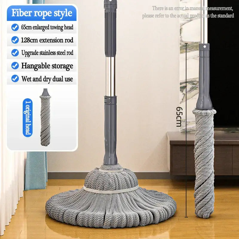 Gray silver easy spin mop with gray fiber rope microfiber head stainless steel rod and hangable storage for kitchen floors