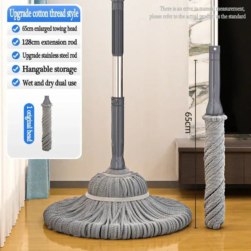 Gray silver easy spin mop with microfiber head and stainless steel rod featuring hangable storage for kitchen floors