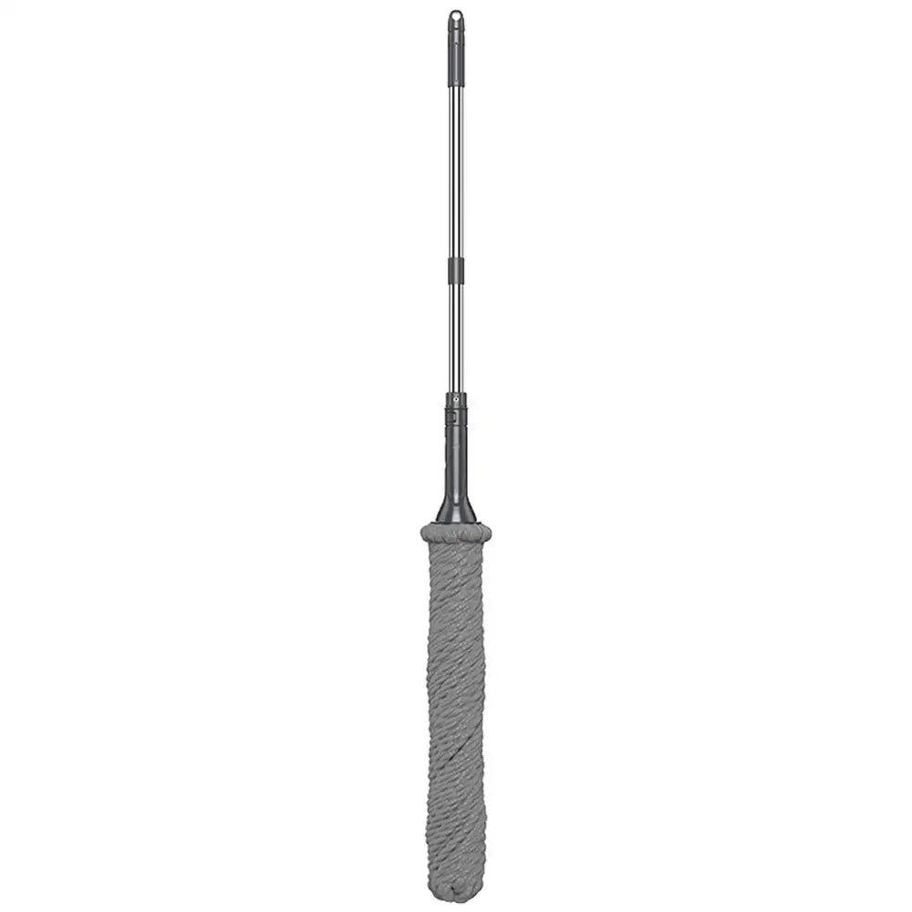 Gray silver easy spin mop with microfiber head and gray rope-handled metallic pole for kitchen floors spin mop