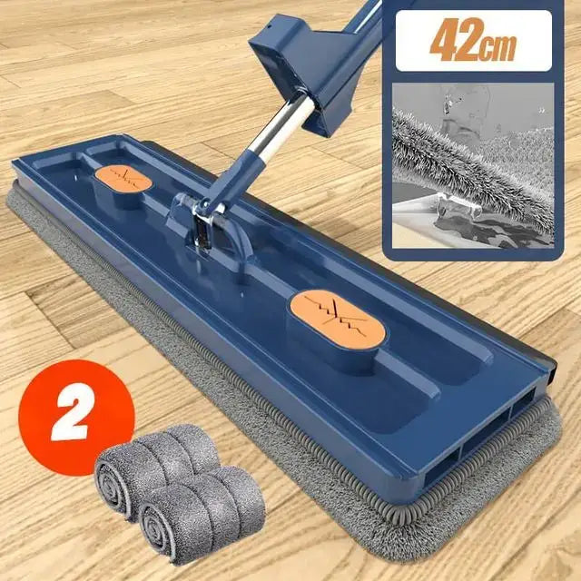 Gray silver easy spin mop with blue plastic head and gray microfiber pads designed for easy spin attachment