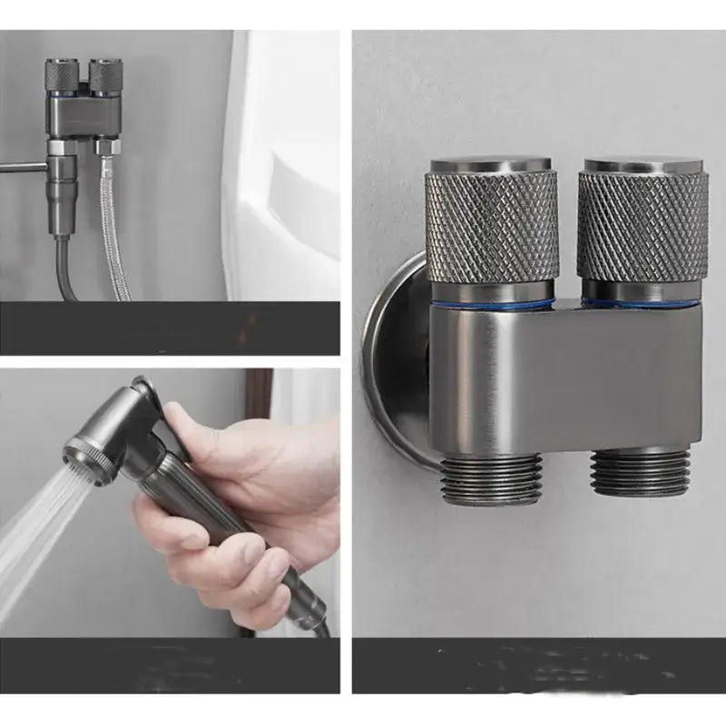 Gray stainless steel bidet faucet set with modern brushed dual-function spray and textured knurled knobs for bathroom use