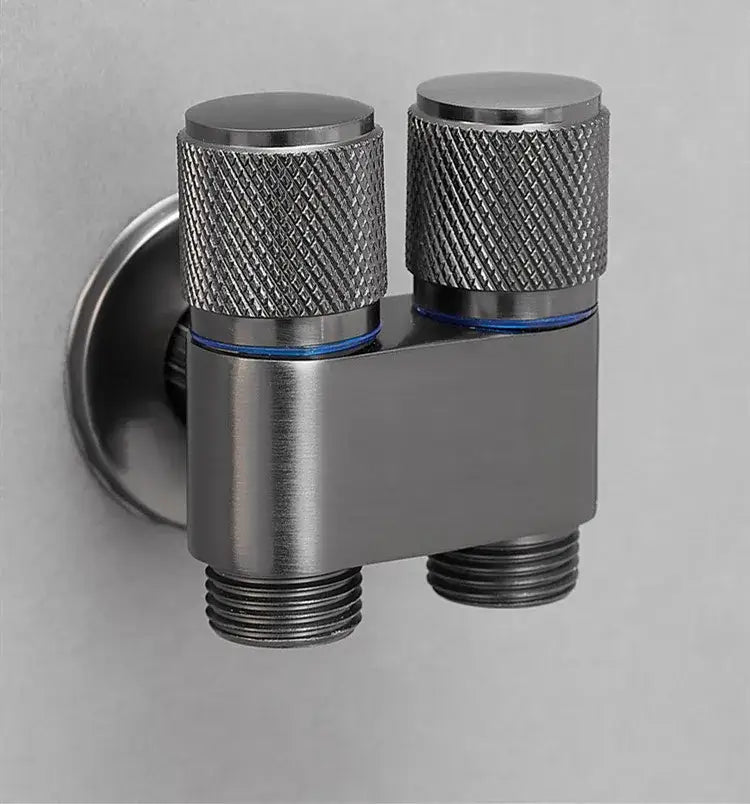 Modern matte black stainless steel dual shower valve with knurled knobs and blue ring for bidet faucet set use