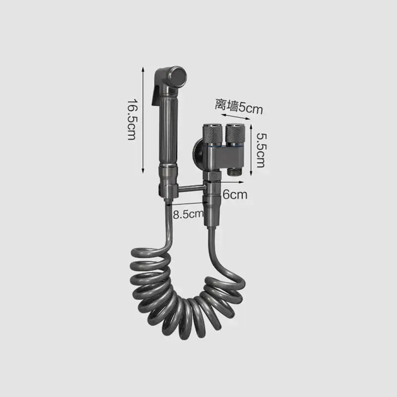 Black metal wall-mounted bidet faucet set with coiled hose and dual control knobs for high pressure spray use