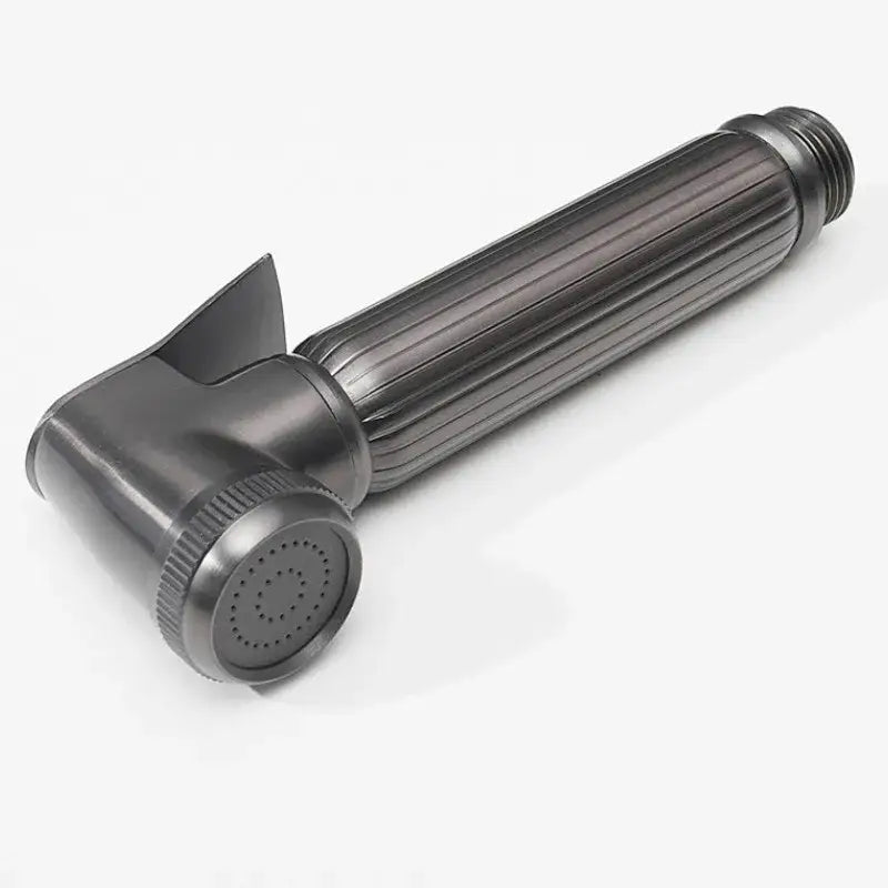 Black matte metal handheld bidet sprayer with ribbed handle and adjustable nozzle in gray stainless steel bidet faucet set