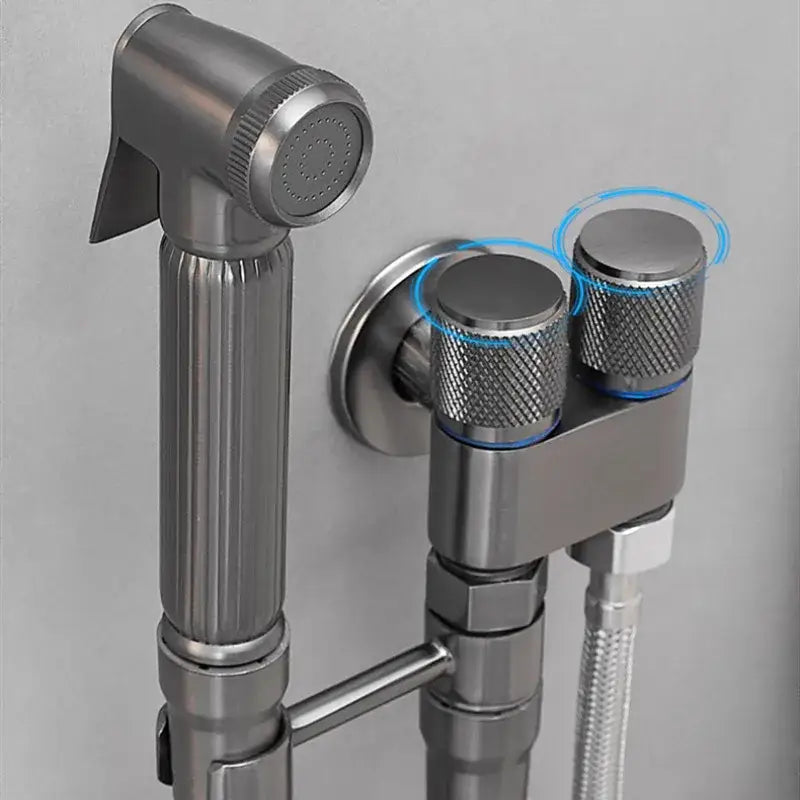 Gray stainless steel bidet faucet set featuring a handheld showerhead with textured knobs and ribbed handle for high pressure spray