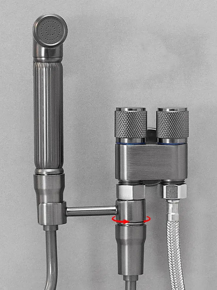 Modern gray stainless steel bidet faucet set with dual-function brushed faucet and flexible braided hose for bathroom use