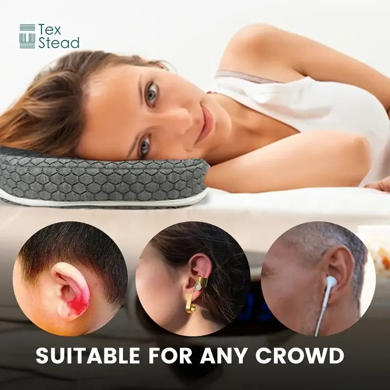 Gray hexagonal-textured decorbites comfort ear guard pillow with white trim designed for cnh relief hole use