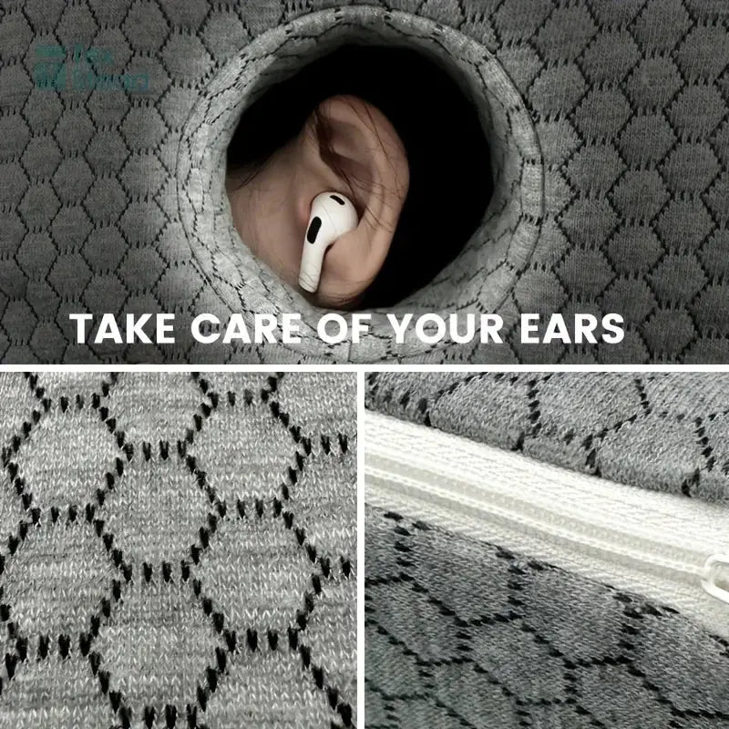 White wireless earbud nestled in gray hexagonal fabric pouch with decorbites comfort ear guard pillow for cnh relief