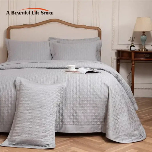 Gray textured egyptian cotton quilt set with matching pillows reversible cotton quilt for bedroom use