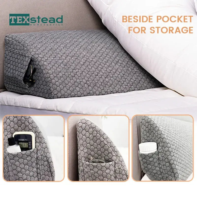 Gray hexagonal textured memory foam bed wedge pillow with side pocket for storage and mattress gap filler