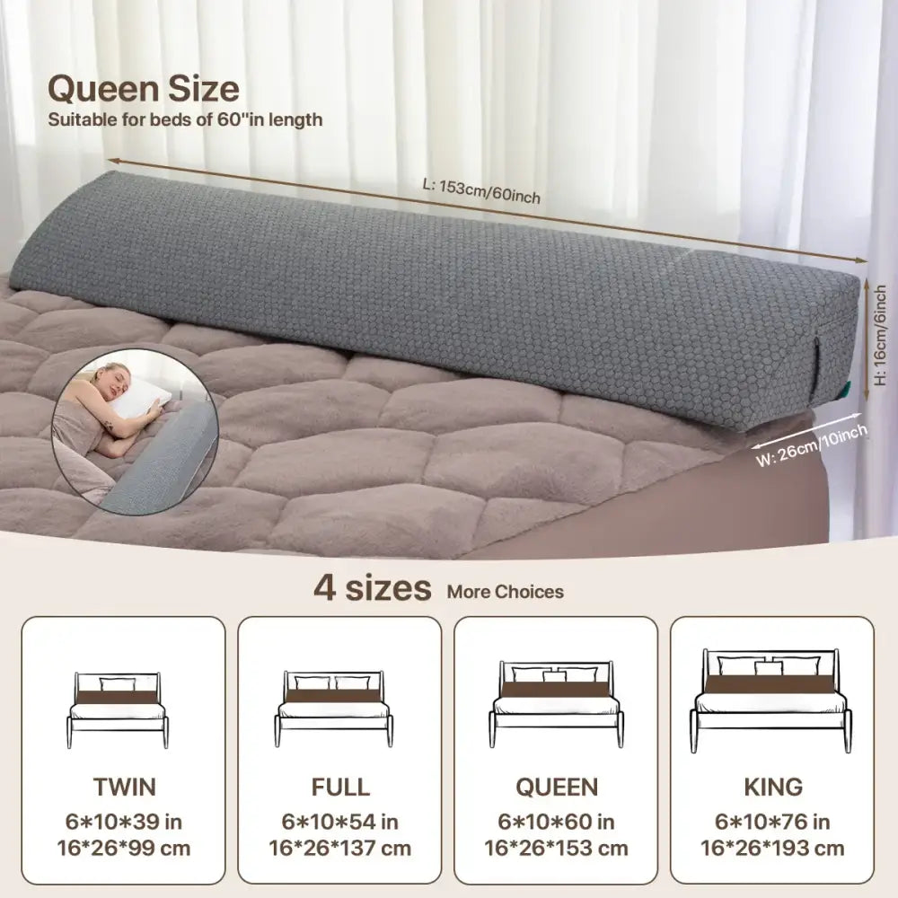 Gray textured memory foam bed wedge pillow 16x26x153 cm queen-size mattress gap filler for bedroom use