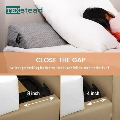 Gray textured memory foam bed wedge pillow from texstead designed for bed gap closure and mattress gap filler use