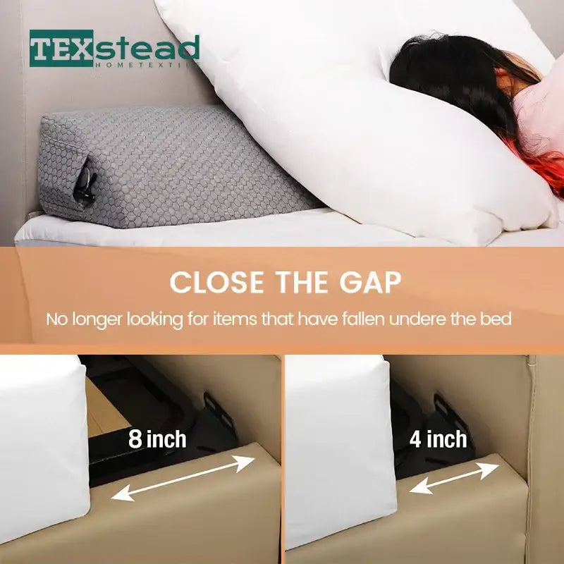 Gray textured memory foam bed wedge pillow from texstead designed for bed gap closure and mattress gap filler use