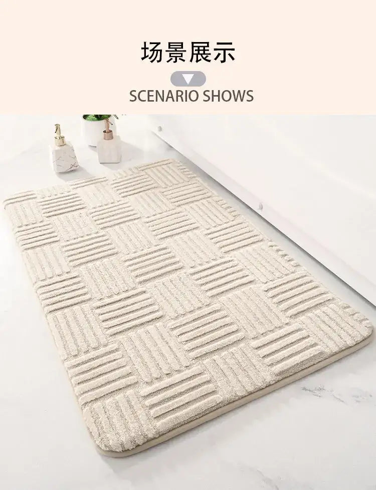 Beige textured floor mat with raised grid pattern suited for bathroom non slip striped floor use