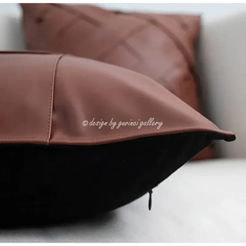 Brown leather-like pillow with quilted pattern and black zipper closure for decorbites gray faux rex rabbit fur cushion cover