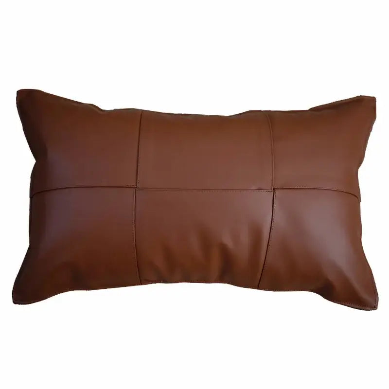 Brown faux leather rectangular pillow with quilted grid pattern complementing decorbites gray faux rex rabbit fur cushion cover