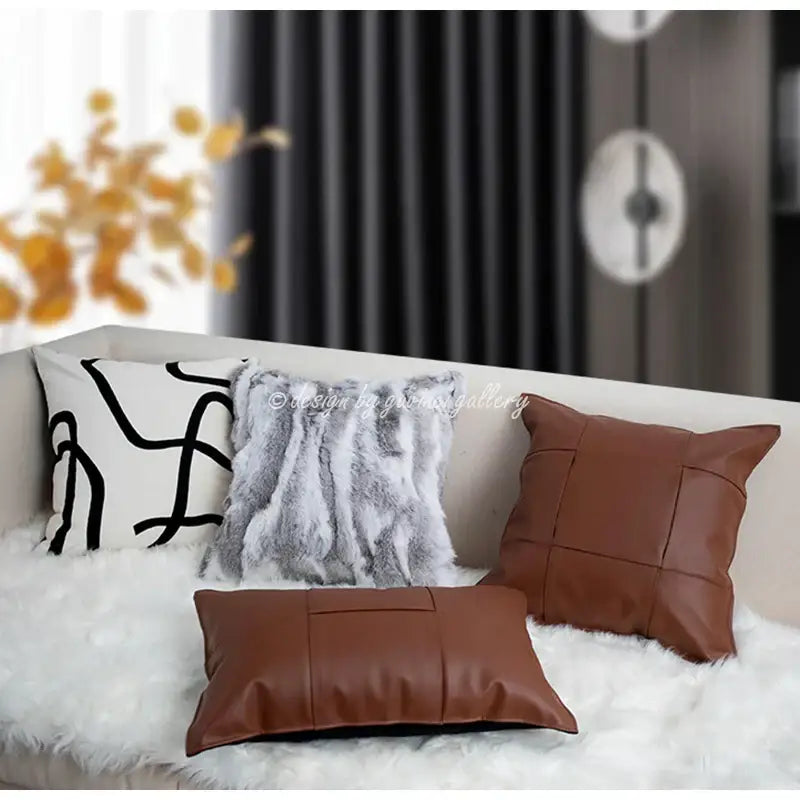 Brown faux leather throw pillows with stitched panel design complement decorbites gray faux rex rabbit fur cushion cover