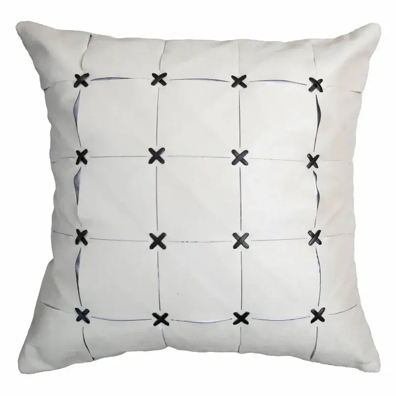 White throw pillow with black stitched x grid pattern and subtle folds for gray faux rex rabbit fur decorbites gray faux cushion cover