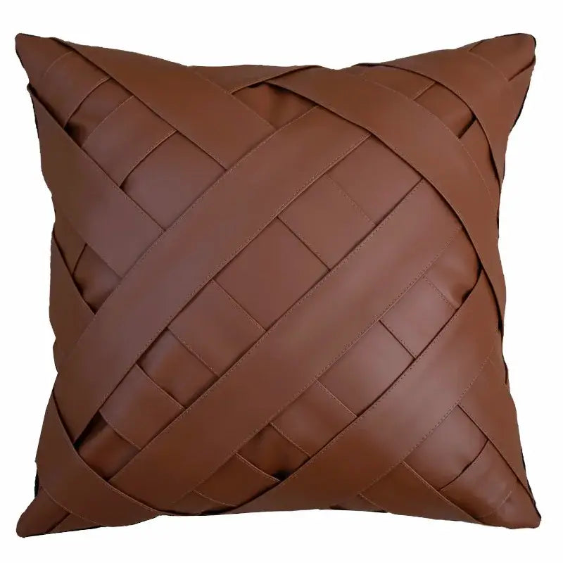 Brown leather throw pillow with woven braided design paired with decorbites gray faux rex rabbit fur cushion cover