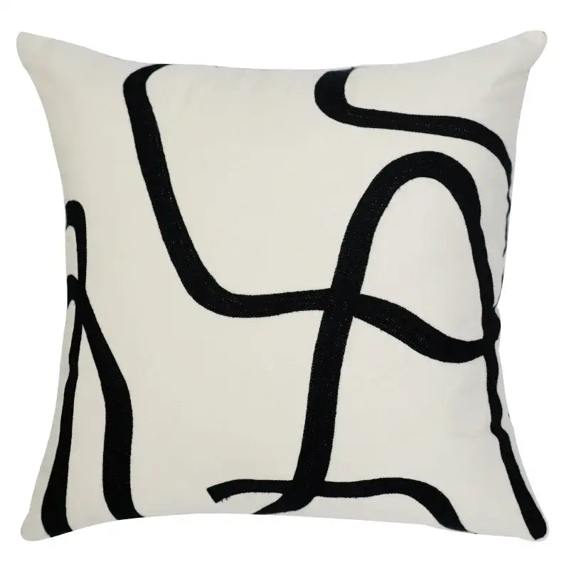 Cream-colored square pillow with bold black abstract line art on gray faux rex rabbit fur cushion cover decorbites gray faux
