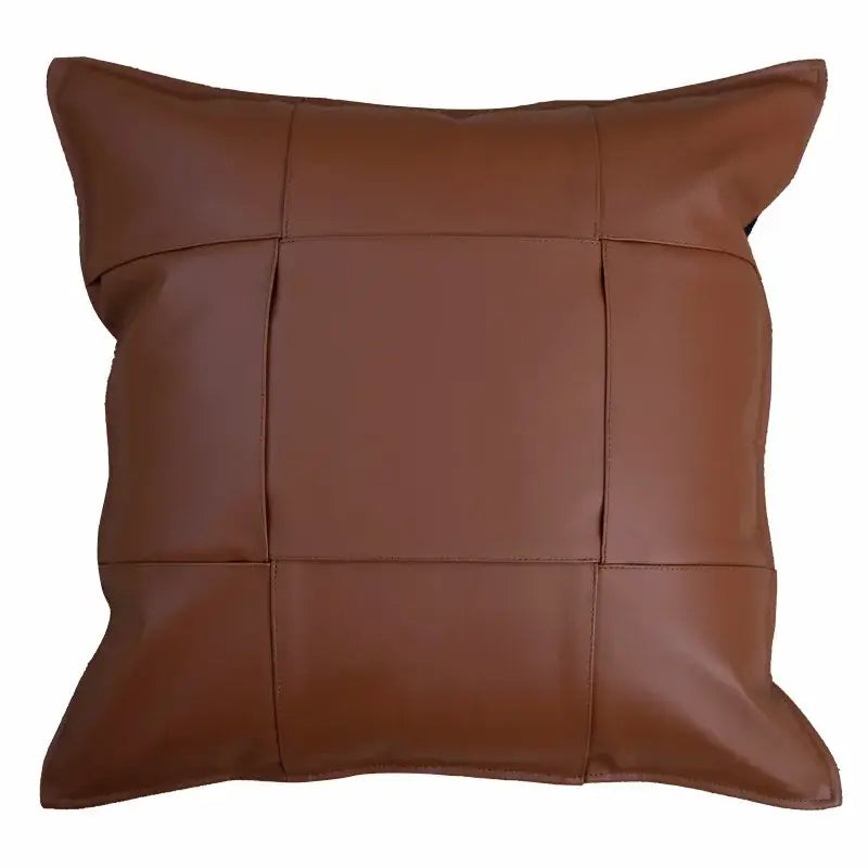Brown leather throw pillow with quilted grid pattern complementing decorbites gray faux rex rabbit fur living room cushion cover