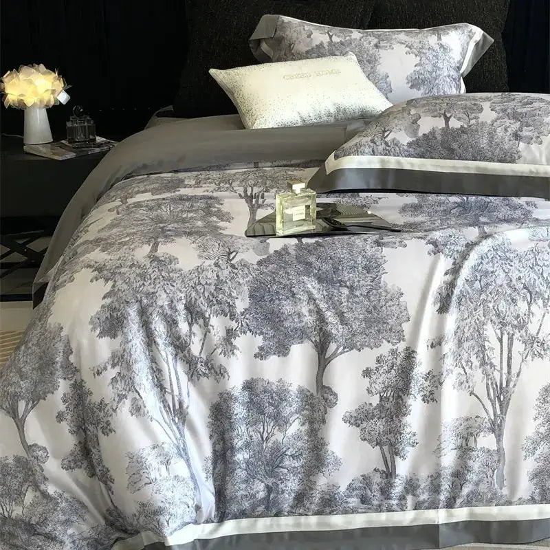 Elegant gray and white forest toile bedding set with jungle print flowers on soft satin fabric for bedroom decorbites jungle print