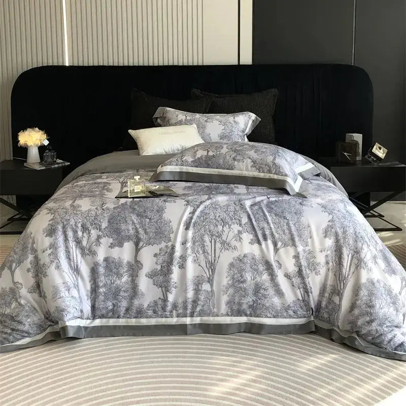Gray and white satin bedding set with forest toile jungle print flowers and subtle sheen from decorbites jungle print collection