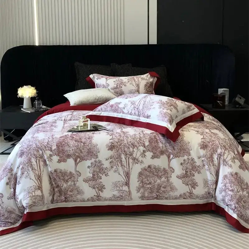 Elegant white and burgundy tree-patterned bedding set with satin trim featuring decorbites jungle print flowers design