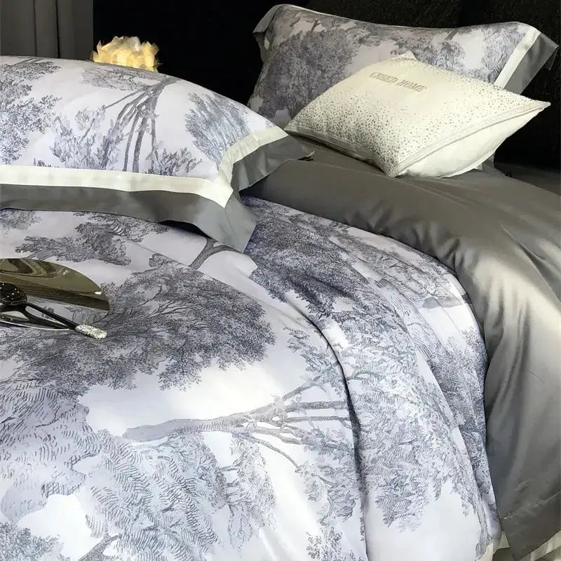 Gray and white satin bedding set with forest toile jungle print flowers and elegant gray piping for decorbites jungle print decor
