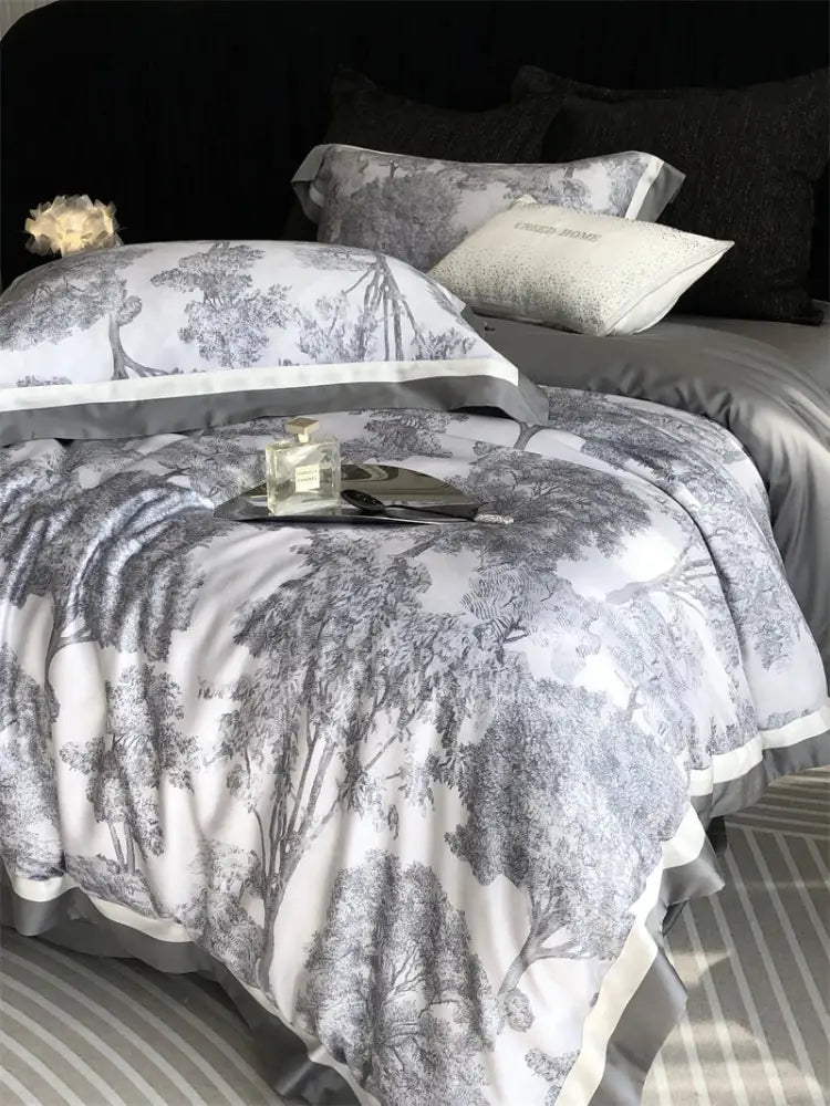 Elegant white and gray toile bedding set with satin trim featuring decorbites jungle print flowers for bedroom decor
