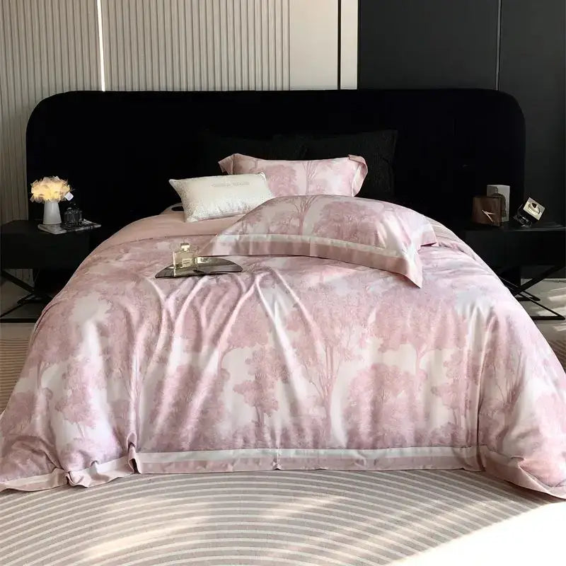 Pink floral-patterned satin duvet cover set with matching pillowcases and decorbites jungle print flowers bedding set