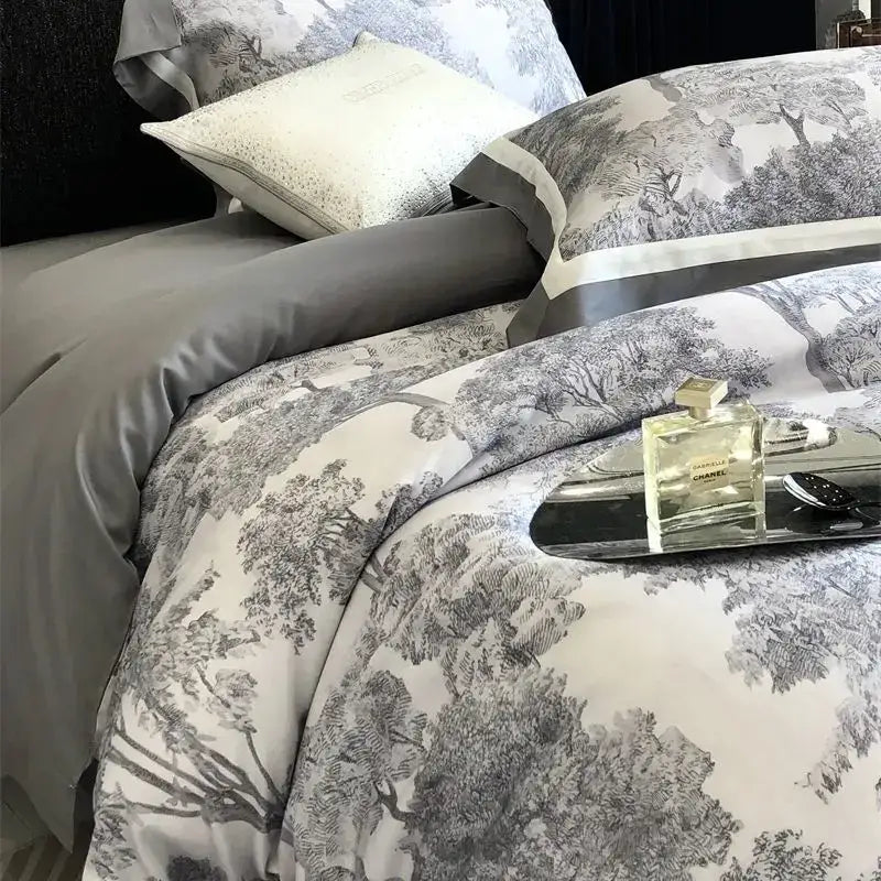 Gray and white satin bedding set with forest toile jungle print flowers and subtle sheen for decorbites jungle print decor