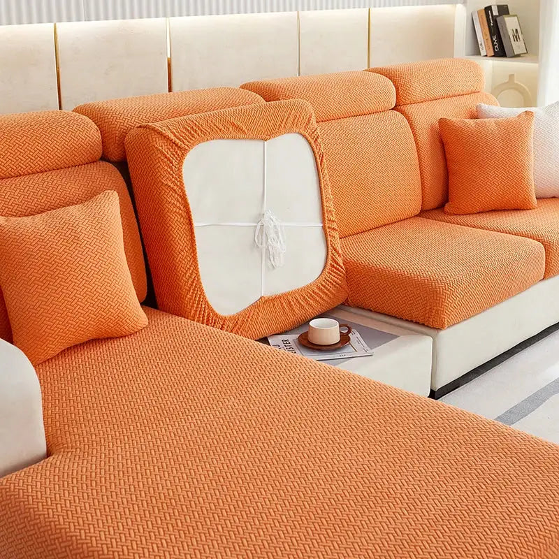 Orange textured fabric sofa cover with white elasticized center panel and drawstring ties decorbites jacquard velvet sofa