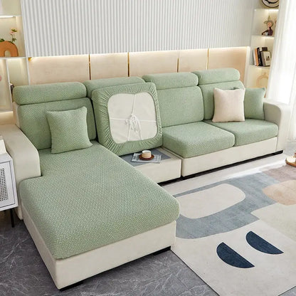 Light green herringbone decorbites jacquard velvet sofa cover with elastic edges and central white back cushion patch