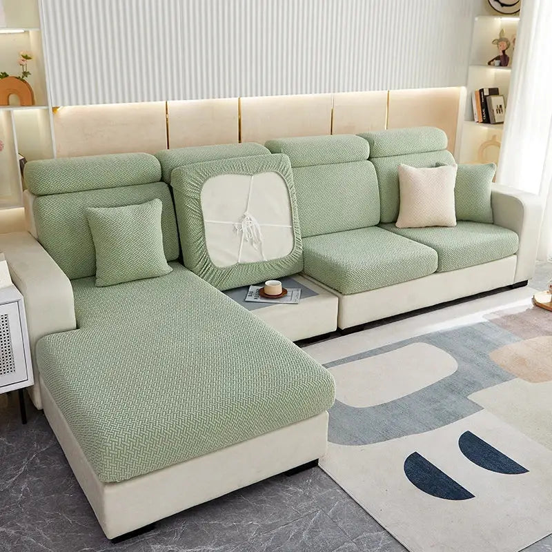 Light green herringbone decorbites jacquard velvet sofa cover with elastic edges and central white back cushion patch