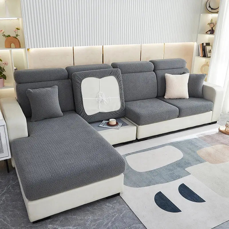 Gray and white jacquard velvet sofa cover with textured fabric and elasticized edges for living room decorbites jacquard velvet slipcover