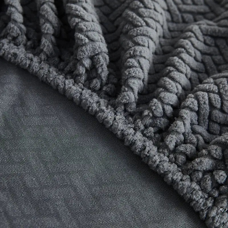 Gray corduroy blanket with textured ribbed weave complementing decorbites jacquard velvet sofa cover for living room