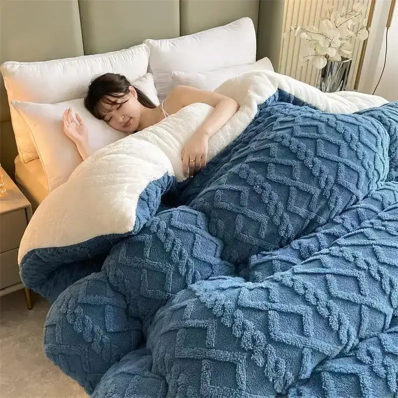 Gray and white textured fleece cozy winter bed blanket with blue and white plush quilt and diamond pattern decorbites cozy winter