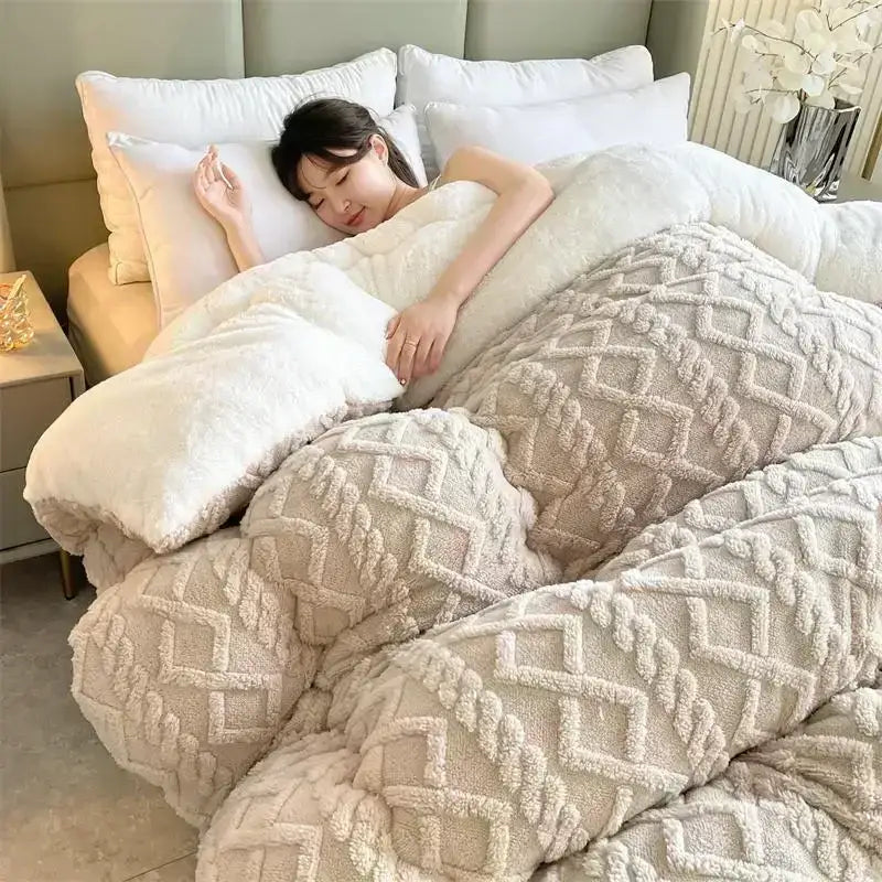 Cream-colored plush quilt with textured diamond pattern for cozy winter bed and decorbites cozy winter use