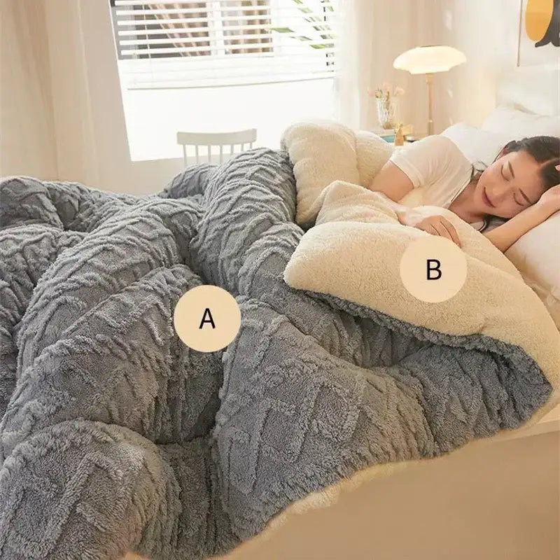 Gray and white textured fleece cozy winter bed blanket with plush cream sherpa lining for decorbites cozy winter use