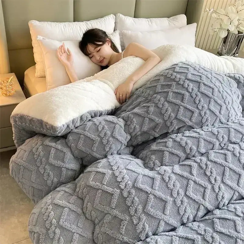 Gray and white textured fleece cozy winter bed blanket with plush inner lining for warmth and decorbites cozy winter use