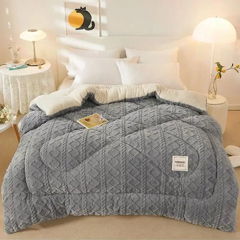 Gray quilted throw blanket with plush white fleece lining for decorbites cozy winter bed blanket bedroom use