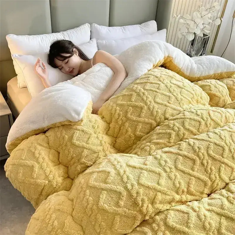 Yellow textured plush quilt with white fleece lining cozy winter bed blanket for decorbites cozy winter use